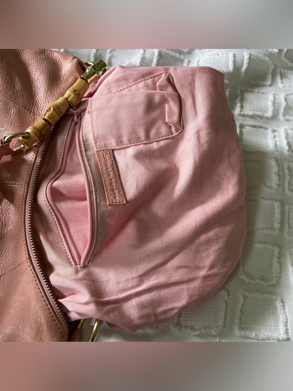 Banana Republic Vintage Salmon Pink Leather Y2K 2000 Bamboo Handle Shoulder Bag - Picture 10 of 16